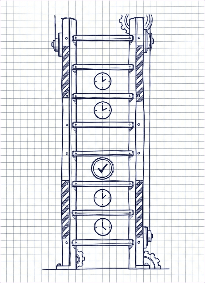 A vertical ladder diagram with slot clocks and a confirmed rung marked by a checkmark seal